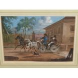 19th.C.CONTINENTAL SCHOOL. THE MORNING RIDE, WATERCOLOUR, POSSIBLY RUSSIAN. 18.5 x 24.5cms.