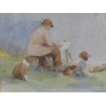 ENGLISH EARLY 20th.C. SCHOOL. AN ARTIST WITH HIS DOGS, WATERCOLOUR. 13 x 15cms, TOGETHER WITH A