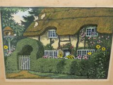 HALL THORPE. (1874-1947) OLD THATCH, A PENCIL SIGNED COLOUR PRINT. 24 x 29.5cms.