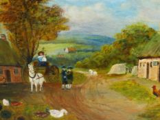 19th/20th.C.ENGLISH NAIVE SCHOOL. THE FARMYARD, SIGNED C. DRINKWATER, OIL ON CANVAS 40 x 66cms.