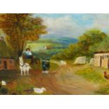 19th/20th.C.ENGLISH NAIVE SCHOOL. THE FARMYARD, SIGNED C. DRINKWATER, OIL ON CANVAS 40 x 66cms.