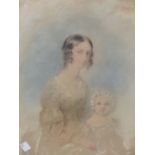 19th.C.SCHOOL. PORTRAIT OF MOTHER AND CHILD, SIGNED AND DATED INDISTINCTLY, WATERCOLOUR AND