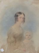 19th.C.SCHOOL. PORTRAIT OF MOTHER AND CHILD, SIGNED AND DATED INDISTINCTLY, WATERCOLOUR AND