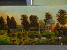A DECORATIVE GARDEN SCENE WITH ORANGE TREES, SIGNED OIL ON PANEL, UNFRAMED. 40 x 68cms.