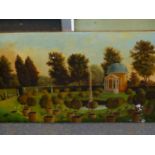 A DECORATIVE GARDEN SCENE WITH ORANGE TREES, SIGNED OIL ON PANEL, UNFRAMED. 40 x 68cms.