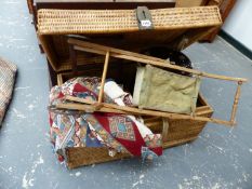 A VINTAGE WICKER HAMPER, CHILD'S CHAIR, A DOLL'S PUSH CHAIR, A STOOL, TEXTILES, ETC.