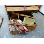 A VINTAGE WICKER HAMPER, CHILD'S CHAIR, A DOLL'S PUSH CHAIR, A STOOL, TEXTILES, ETC.