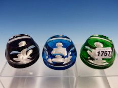 THREE BACCARAT PAPER WEIGHTS WITH SULPHIDES OF PRINCES PHILIP AND CHARLES AND OF PRINCESS ANNE