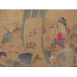 A JAPANESE WATERCOLOUR OF THE SEVEN GODS OF GOOD FORTUNE ADMIRING A SCROLL PAINTING TOGETHER WITH