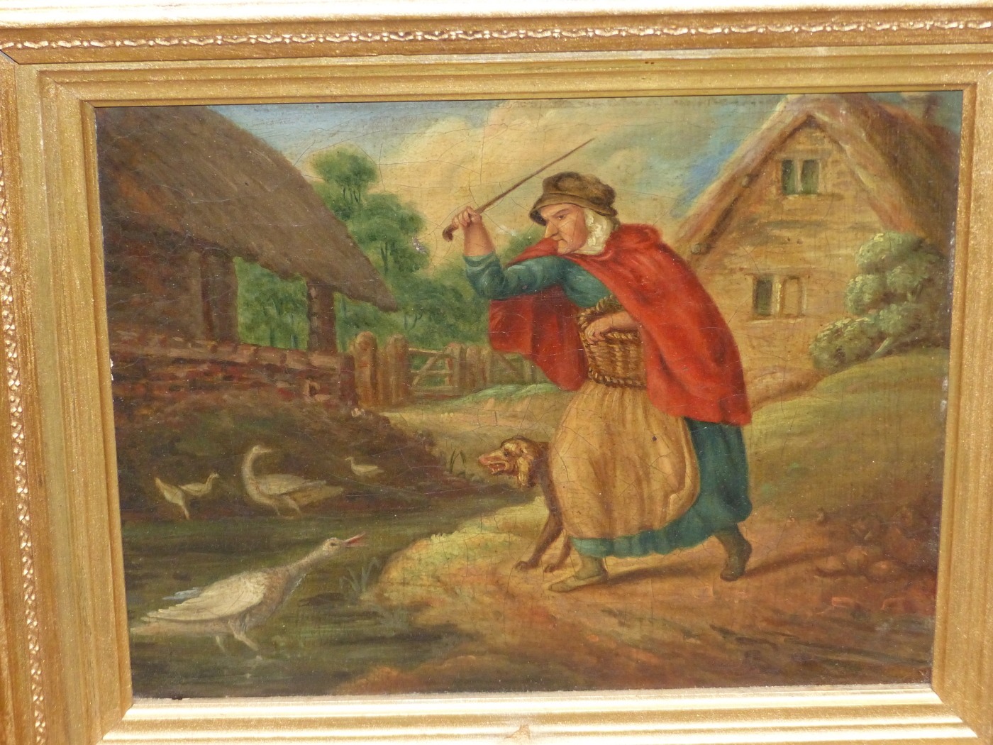 ENGLISH NAIVE SCHOOL. SCOLDING THE GEESE, OIL ON CANVAS. 22 x 26cms.