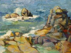 OLDRICH MISA. 20th/21st.C.. ARR. TREYARNON BAY, SIGNED OIL ON BOARD WITH GALLERY LABEL VERSO. 30 .