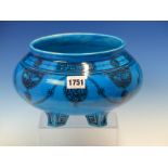 A MID VICTORIAN MINTON TURQUOISE BLUE FOOTED BOWL DECORATED IN BLACK WITH ISLAMIC SCRIPT AND