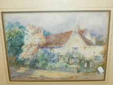 LORNA BURDETT. 20th.C.. ARR. A COUNTRY COTTAGE, SIGNED WATERCOLOUR. 25 x 36cms. TOGETHER WITH A