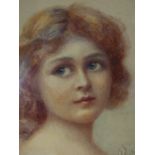 19/20th.C.ENGLISH SCHOOL, PORTRAIT OF A GIRL, SIGNED INDISTINCTLY, WATERCOLOUR. Dia. 12cms.