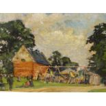 GORDON WILLBOND. 20th.C.ENGLISH SCHOOL. THE VILLAGE FAIR, SIGNED AND DATED 1956, OIL ON BOARD. 35.