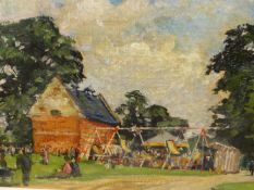 GORDON WILLBOND. 20th.C.ENGLISH SCHOOL. THE VILLAGE FAIR, SIGNED AND DATED 1956, OIL ON BOARD. 35.