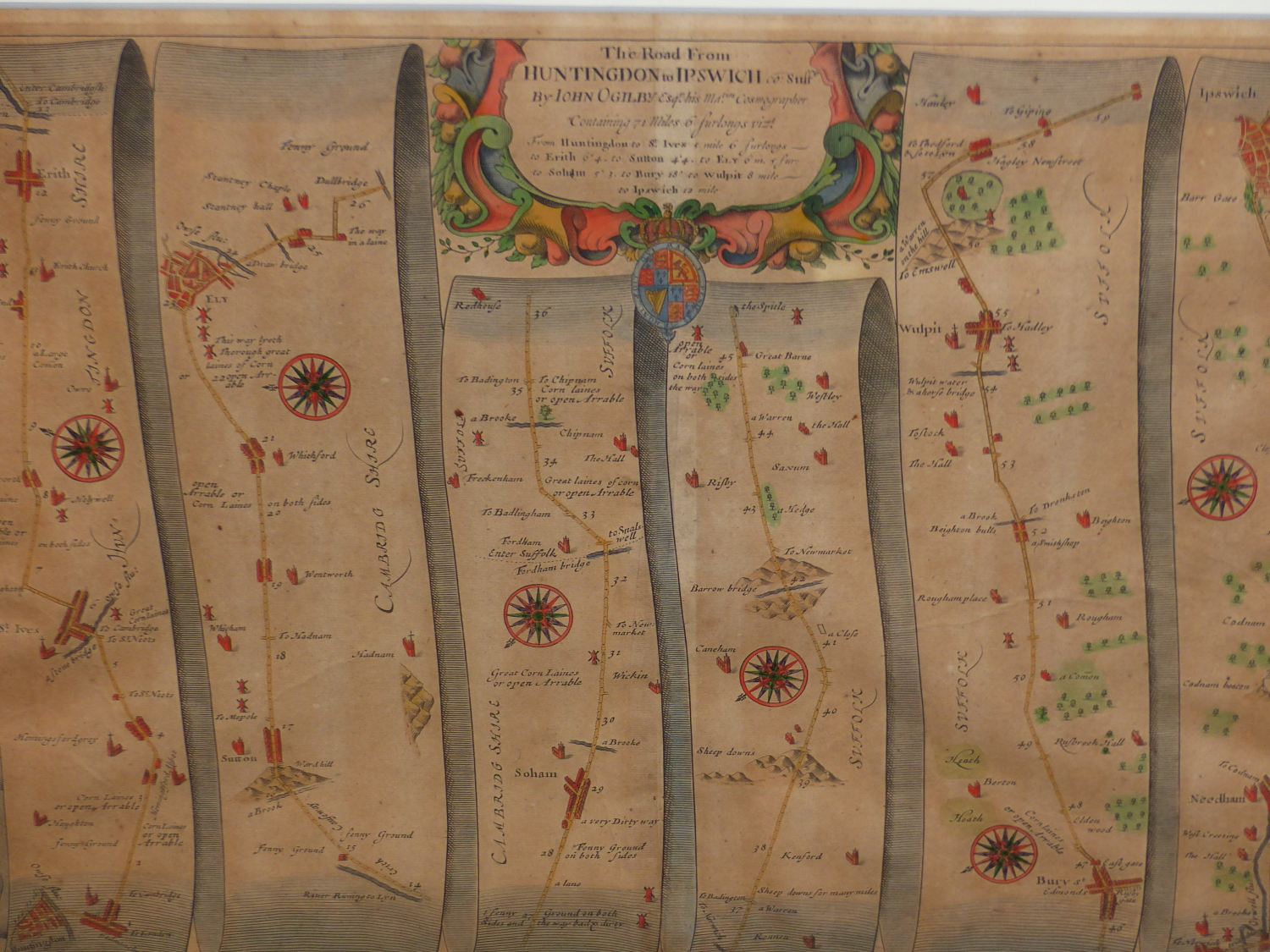 AFTER JOHN OGILBY. AN ANTIQUE HAND COLOURED MAP, THE ROAD FROM HUNTINGDON TO IPSWICH. 35 x 46.5cms. - Image 7 of 12