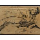 20th.C.BRITISH SCHOOL. RECLINING NUDE WITH PUTTO, CHARCOAL. 22 x 32cms.