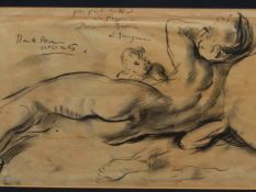 20th.C.BRITISH SCHOOL. RECLINING NUDE WITH PUTTO, CHARCOAL. 22 x 32cms.