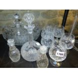 A SET OF SIX BOHEMIA CRYSTAL GLASS BRANDY BALLOONS, AN OVAL BOWL. W 25cms. TWO DECANTERS AND A