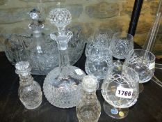 A SET OF SIX BOHEMIA CRYSTAL GLASS BRANDY BALLOONS, AN OVAL BOWL. W 25cms. TWO DECANTERS AND A