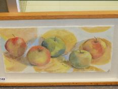 FRANCESCA SHAKESPEARE. CONTEMPORARY. ARR. APPLES ON YELLOW CIRCLES, GOUACHE ON PLASTER. 22 x 44cms