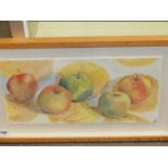 FRANCESCA SHAKESPEARE. CONTEMPORARY. ARR. APPLES ON YELLOW CIRCLES, GOUACHE ON PLASTER. 22 x 44cms