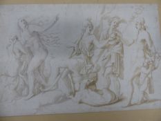 OLD MASTER SCHOOL. CLASSICAL FIGURES WITH BIRDS AND ANIMALS, PEN AND INK DRAWING, UNFRAMED. 29.5 x