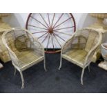 TWO VINTAGE PAINTED IRON FAUX BAMBOO GARDEN ARMCHAIRS.