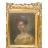 19th.C.ENGLISH SCHOOL. PORTRAIT OF A YOUNG LADY, OIL ON BOARD. 14 x 11cms TOGETHER WITH A NAIVE