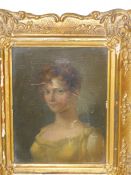 19th.C.ENGLISH SCHOOL. PORTRAIT OF A YOUNG LADY, OIL ON BOARD. 14 x 11cms TOGETHER WITH A NAIVE