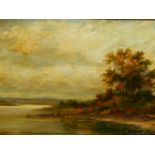 SUTTON PALMER (1854-1933). A RIVER VIEW, SIGNED OIL ON BOARD. 42.5 x 68.5cms.