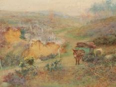 A.KINSLEY. (1852-1905) A MOORLAND VIEW, SIGNED WATERCOLOUR. 57 x 94cms.