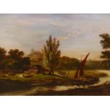 19th.C.ENGLISH SCHOOL. CATTLE BY A RIVER, SIGNED INDISTINCTLY, OIL ON CANVAS. 28 x 38cms.