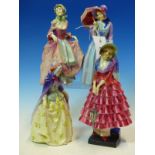 FOUR ROYAL DOULTON FIGURES: JENNIFER, SUZETTE, MISS DEMURE AND PRISCILLA, THE TALLEST. H 21cms.