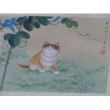 A PAIR OF CHINESE WATERCOLOURS OF KITTENS SEATED BY FLOWERS, INSCRIBED AND WITH RED SEAL MARKS,