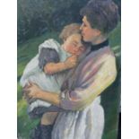 A DECORATIVE IMPRESSIONISTIC PORTRAIT OF A MOTHER AND CHILD, AN UNFRAMED OIL ON CANVAS, LAID DOWN.