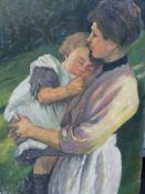 A DECORATIVE IMPRESSIONISTIC PORTRAIT OF A MOTHER AND CHILD, AN UNFRAMED OIL ON CANVAS, LAID DOWN.