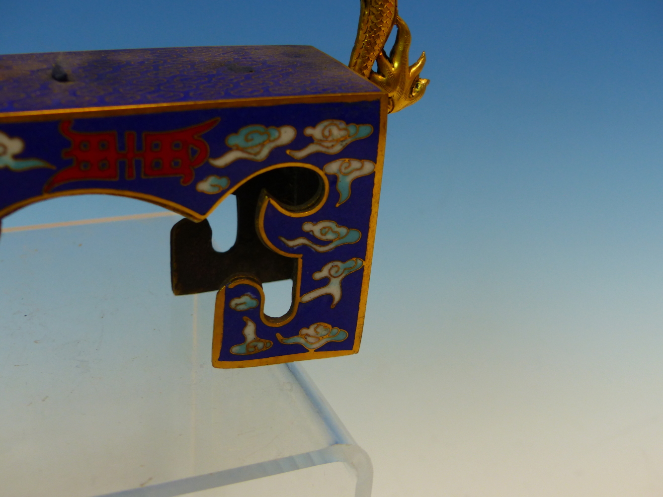 A CHINESE CLOISONNE BUDDHIST BLUE GROUND ALTAR SURMOUNTED BY GILT DRAGONS BREATHING FIREY CLOUDS - Image 6 of 55