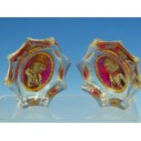 A PAIR OF BOHEMIAN ZWISCHEN GOLD GLASS MARRIAGE SALTS, THE OVAL BOWLS WITHIN EIGHT FLUTES TO THE