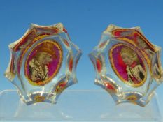 A PAIR OF BOHEMIAN ZWISCHEN GOLD GLASS MARRIAGE SALTS, THE OVAL BOWLS WITHIN EIGHT FLUTES TO THE