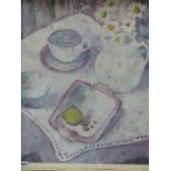 20th.C.ENGLISH SCHOOL. TABLE TOP STILL LIFE, SIGNED INDISTINCTLY OIL ON BOARD. 64 x 54cms.