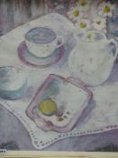 20th.C.ENGLISH SCHOOL. TABLE TOP STILL LIFE, SIGNED INDISTINCTLY OIL ON BOARD. 64 x 54cms.