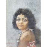E. CHEVERLANGE. 20th.C. ARR. PORTRAIT OF A SOUTH PACIFIC LADY, SIGNED INDISTINCTLY, WATERCOLOUR.