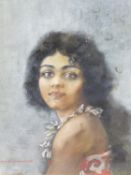 E. CHEVERLANGE. 20th.C. ARR. PORTRAIT OF A SOUTH PACIFIC LADY, SIGNED INDISTINCTLY, WATERCOLOUR.