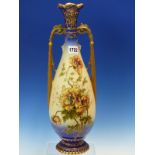 AN ERNST WAHLISS TWO HANDLED BALUSTER VASE, THE YELLOW BODY DECORATED WITH POPPIES BETWEEN GILT BLUE