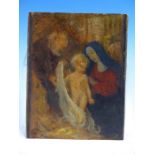 19th.C.ENGLISH SCHOOL. THE HOLY FAMILY. OIL ON CARD, INSCRIBED VERSO, UNFRAMED. 18 x 14cms.