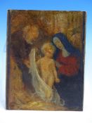 19th.C.ENGLISH SCHOOL. THE HOLY FAMILY. OIL ON CARD, INSCRIBED VERSO, UNFRAMED. 18 x 14cms.