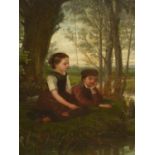 19th.C.CONTINENTAL SCHOOL. FISHING IN THE STREAM, INDISTINCTLY SIGNED, OIL ON PANEL, UNFRAMED. 49.