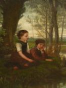 19th.C.CONTINENTAL SCHOOL. FISHING IN THE STREAM, INDISTINCTLY SIGNED, OIL ON PANEL, UNFRAMED. 49.